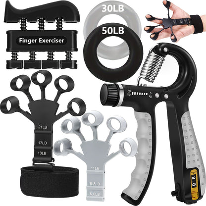 6-Piece Grip Strength Trainer Set – Adjustable Hand Gripper 10-130lbs with Auto Counter, Finger Exerciser, Forearm Workout Rings & Finger Stretcher, Hand Strengthener for Men Women All Hand Sizes
