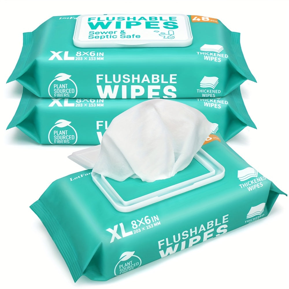 Flushable Wet Wipes Extra Large Thickened – 144 or 288 Count (3-Pack or 6-Pack x 48ct), Alcohol-Free, Plant-Based, Septic & Sewer Safe, Sensitive Skin & Baby Safe