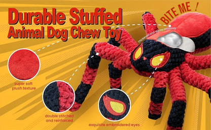 Squeaky Spider Dog Toy for Large Dogs – Interactive Crinkle Tug of War Plush Puppy Toy with Squeaker Head & Crinkle Legs, Keeps Dogs Busy for Hours, No Battery Needed, Blue & Red Spider