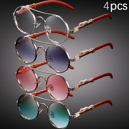 4PCS Punk Rock Round Glasses with Leopard Print Hinges & Tortoiseshell Accents – Retro Metal Frame PC Lenses, Unisex Fashion Eyewear for Parties, Photos & Casual Wear