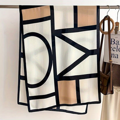 Women's Color Block Viscose Scarf & Shawl – Soft Breathable Geometric Print Windproof Sun Protection Wrap for Casual Outings Travel, Lightweight Hand-Wash Easy Care, Beige Khaki Orange