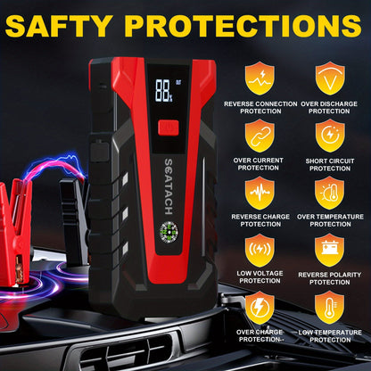 Car Jump Starter with Air Pump & Digital Tire Pressure Gauge – 12V Portable Emergency Starter for Cars, Trucks, SUV, RV & Motorcycles, LED Display, SOS Light & Window Breaker