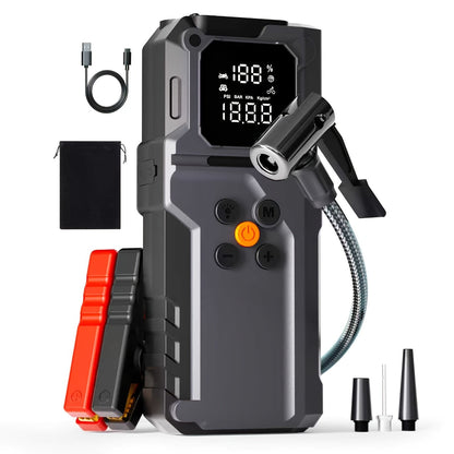 Car Jump Starter with Air Pump & Digital Tire Pressure Gauge – 12V Portable Emergency Starter for Cars, Trucks, SUV, RV & Motorcycles, LED Display, SOS Light & Window Breaker