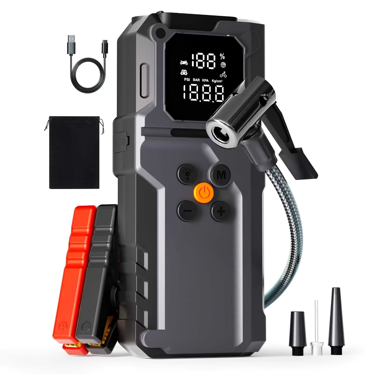 Car Jump Starter with Air Pump & Digital Tire Pressure Gauge – 12V Portable Emergency Starter for Cars, Trucks, SUV, RV & Motorcycles, LED Display, SOS Light & Window Breaker