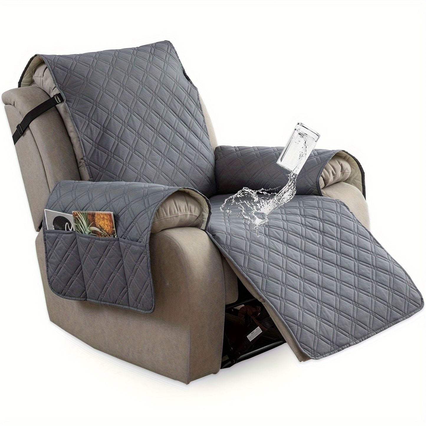 Waterproof Recliner Cover Slipcover with Side Pockets Anti-Slip Straps 4-Layer Quilted Fabric Pet Kid Proof Machine Washable Recliner Chair Protector – 11 Colors