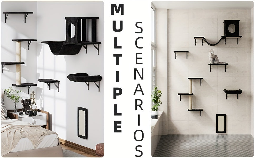 7-Piece Wall Mounted Cat Climbing Shelf Set – Deluxe Indoor Cat Furniture with Cat Condo, Wall Shelves, Scratching Post, Bridge Ladder & Tunnel, Space-Saving Cat Wall Playground for All Cat Sizes