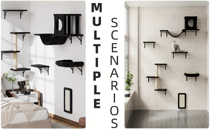 7-Piece Wall Mounted Cat Climbing Shelf Set – Deluxe Indoor Cat Furniture with Cat Condo, Wall Shelves, Scratching Post, Bridge Ladder & Tunnel, Space-Saving Cat Wall Playground for All Cat Sizes