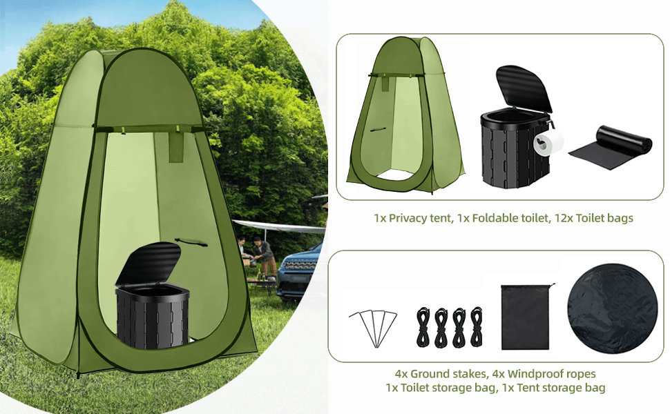 Portable Camping Toilet & Privacy Tent – Pop Up Potty Tent for Adults with 12 Toilet Bags, Ground Stakes, Windproof Ropes & Moisture Mat, Foldable Outdoor Toilet for Camping Travel Hiking