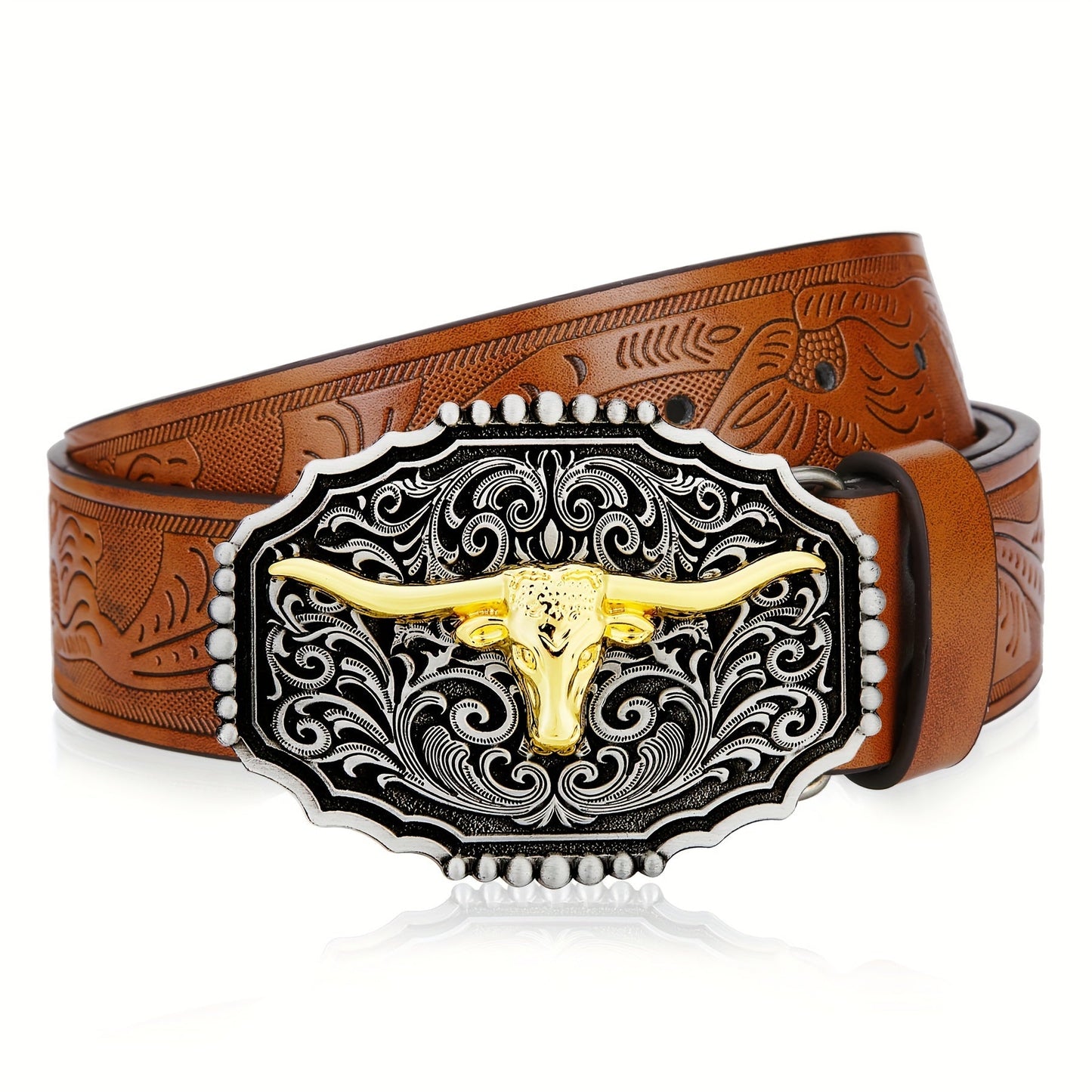 Western Cowboy Belt for Men & Women Embossed Floral Faux Leather – Longhorn Bull Pattern Big Buckle Zinc Alloy, Sizes 34-44, Stylish Durable Country Western Dress Belt Gift for Christmas Father's Day