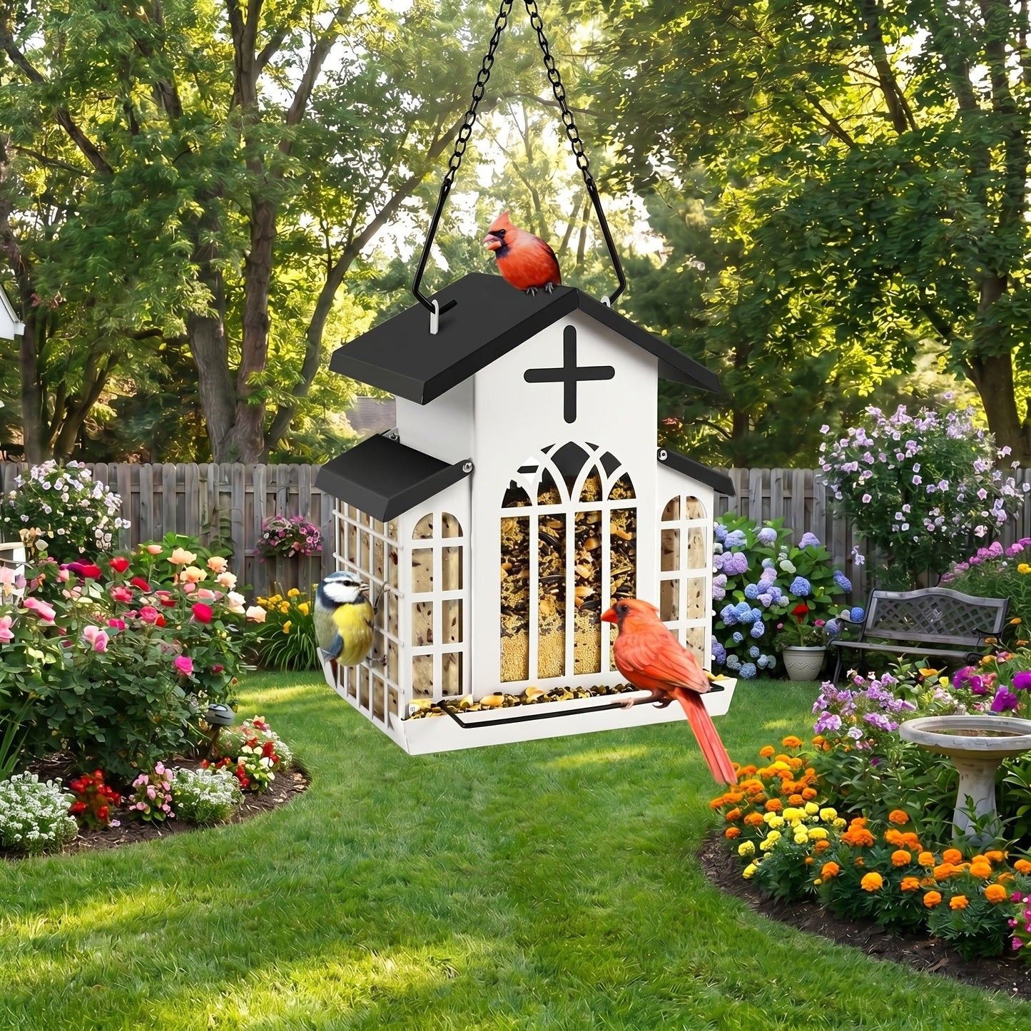 Vintage Metal Wild Bird Feeder for Outside – Triple Feeders for Finch, Cardinal & Chickadee, Large Capacity Metal Mesh Design with Easy-Hang Chains & Window Cut-Outs, 7 Style Options