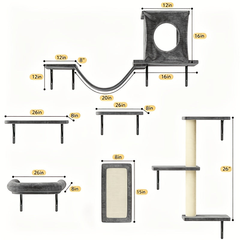 7-Piece Wall Mounted Cat Climbing Shelf Set – Deluxe Indoor Cat Furniture with Cat Condo, Wall Shelves, Scratching Post, Bridge Ladder & Tunnel, Space-Saving Cat Wall Playground for All Cat Sizes