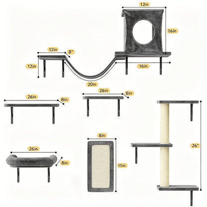 7-Piece Wall Mounted Cat Climbing Shelf Set – Deluxe Indoor Cat Furniture with Cat Condo, Wall Shelves, Scratching Post, Bridge Ladder & Tunnel, Space-Saving Cat Wall Playground for All Cat Sizes