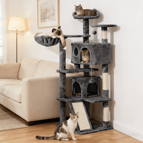 57-Inch Multilevel Cat Tree Tower with 2 Condos – Sisal Scratching Posts, Dangling Ball, Round Platform & Ladder for Indoor Kittens & Small Cats, 6 Colors, Christmas Gift for Cat Lovers