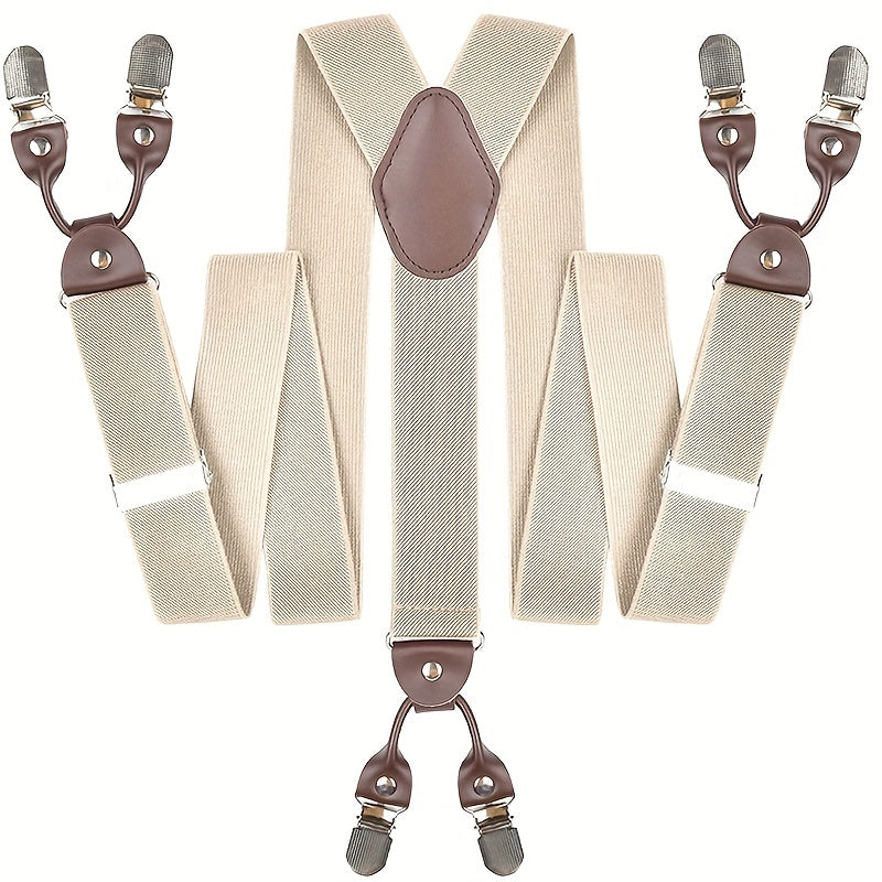 Men's Suspenders Y-Back PU Leather Heavy Duty Suit Brace with 6 Metal Clips – Adjustable Elastic Vintage Style, Black Gray Navy Blue White Coffee Beige Wine Red, Casual & Formal Wear