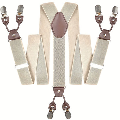 Men's Suspenders Y-Back PU Leather Heavy Duty Suit Brace with 6 Metal Clips – Adjustable Elastic Vintage Style, Black Gray Navy Blue White Coffee Beige Wine Red, Casual & Formal Wear