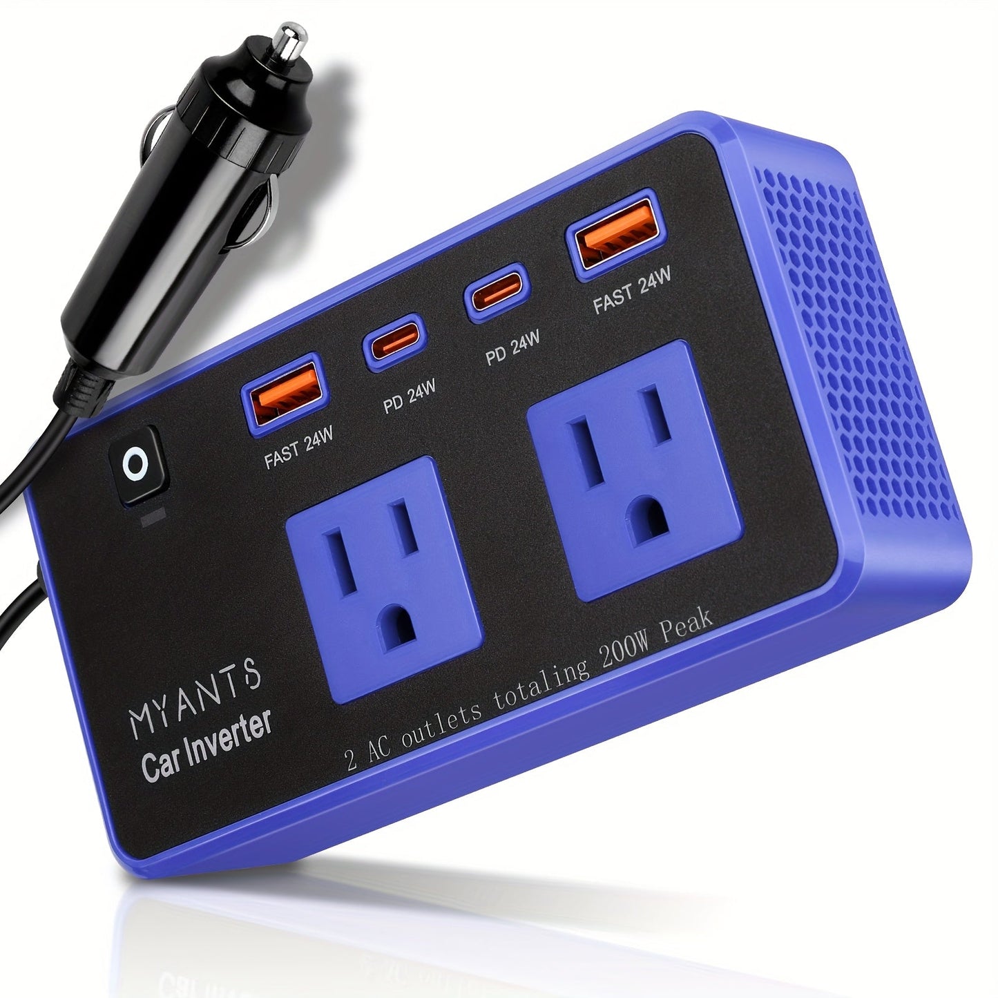 200W Car Power Inverter 12V to 110V AC – USB-C PD 24W Fast Charging, QC3.0 Dual USB Ports, Multi-Protection Car Charger Adapter for Laptop Phone Travel Road Trip