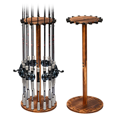 Circular Wooden Fishing Rod Rack Holds 16 Rods Space-Saving Fishing Pole Organizer for Garage Shed Man Cave – 360° Rotating & Fixed Options, Sturdy Wood Construction, Fisherman Gift