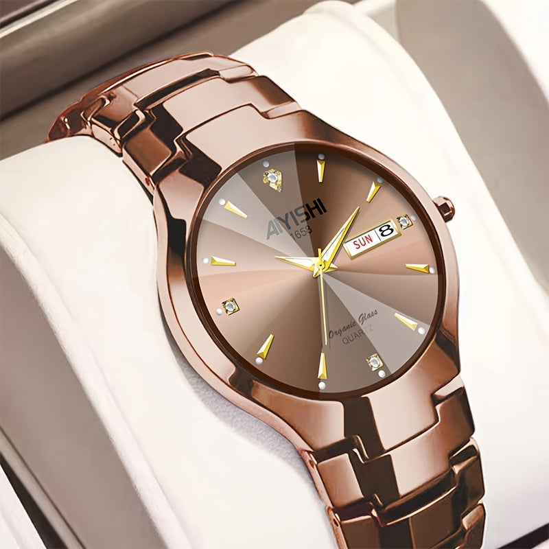 Men's Luxury Quartz Wristwatch with Double Calendar and Luminous Hands – Elegant Business Stainless Steel Watch for Men, Classic Gold Black White Dial, Perfect Gift for Him Birthday Anniversary