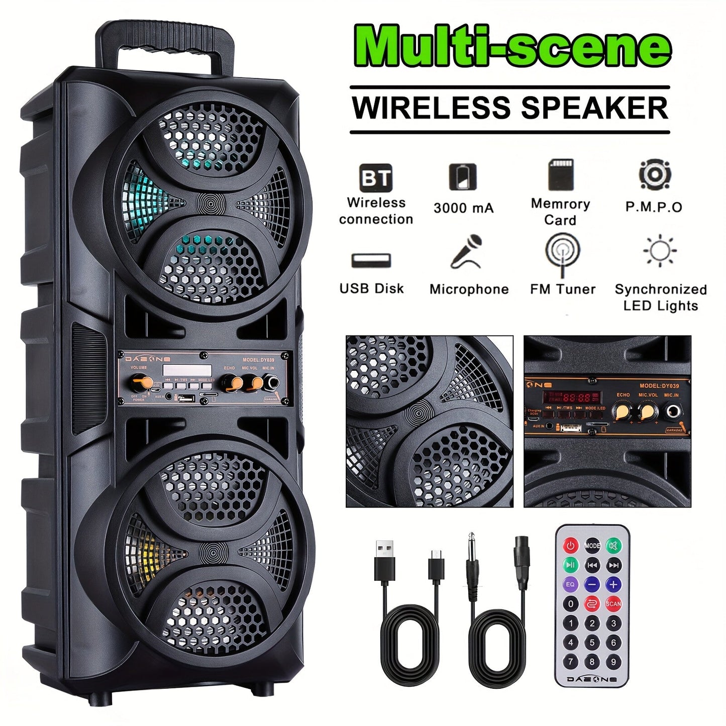 3000W Portable Bluetooth Party Speaker – Double 6.5'' Subwoofer Stereo Sound, LED Colorful Lights, FM Radio, Microphone Included, TF/USB/AUX Support, Outdoor & Home Party Speaker – Black