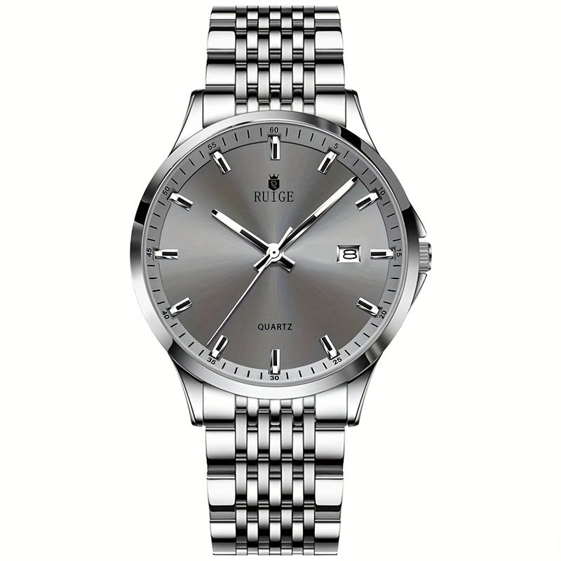 RUIGE Men's Luxury Quartz Watch Stainless Steel with Calendar Night Light Rhinestone Accents - Sports Business Dress Watch for Men Gift for Him