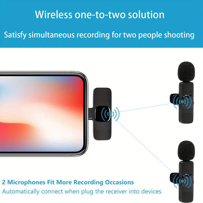 Wireless Lavalier Microphone 2-Pack Set with Receiver & Adapter – Clip-On Lapel Mic for iPhone, Type-C & Android, Noise Cancelling for Vlogging, Interviews, Teaching & Video Recording