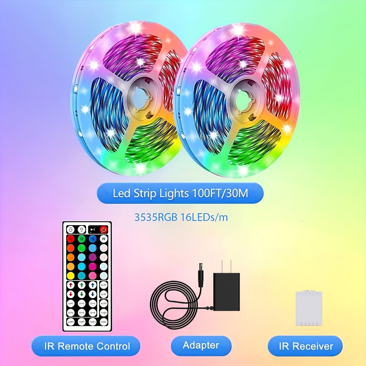 100ft LED Strip Lights Color Changing with 44-Key Remote & Power Supply – RGB LED Light Strip for Bedroom, Living Room, Festival, Wedding, Carnival & Party Decoration – 30M Indoor Ambiance Lighting