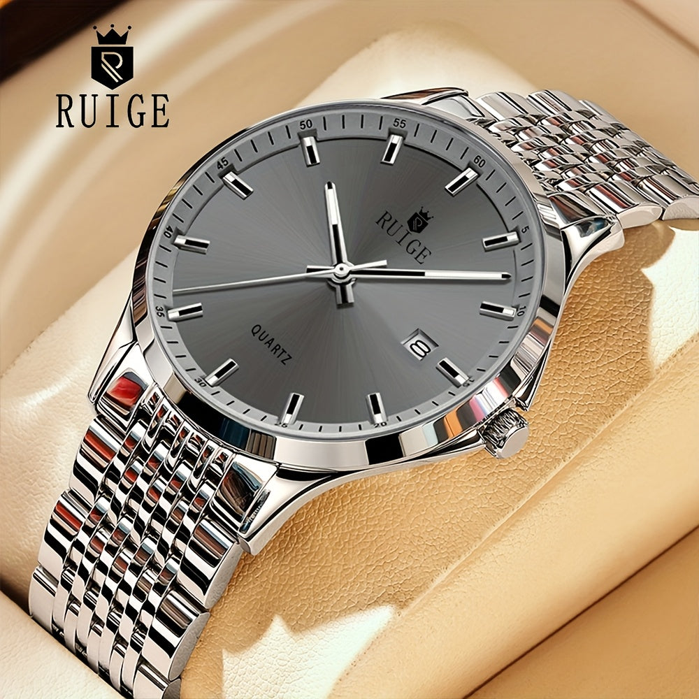 RUIGE Men's Luxury Quartz Watch Stainless Steel with Calendar Night Light Rhinestone Accents - Sports Business Dress Watch for Men Gift for Him