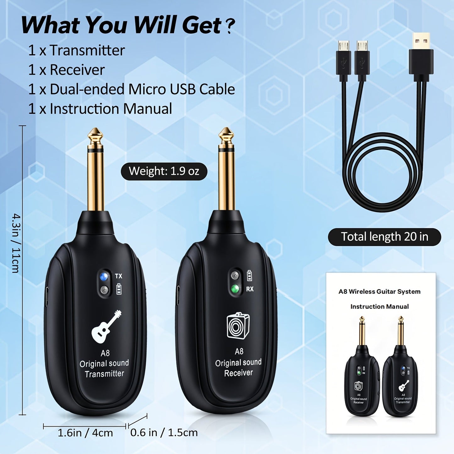 A8 Wireless Guitar System with Built-In Rechargeable Transmitter & Receiver – Stereo Audio, USB Charging, Compatible with Electric Guitar, Bass & Violin, Works with Amplifiers