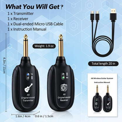 A8 Wireless Guitar System with Built-In Rechargeable Transmitter & Receiver – Stereo Audio, USB Charging, Compatible with Electric Guitar, Bass & Violin, Works with Amplifiers