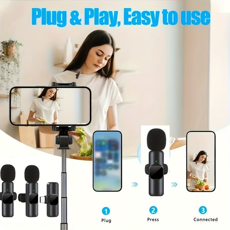 Wireless Lavalier Microphone 2-Pack Set with Receiver & Adapter – Clip-On Lapel Mic for iPhone, Type-C & Android, Noise Cancelling for Vlogging, Interviews, Teaching & Video Recording