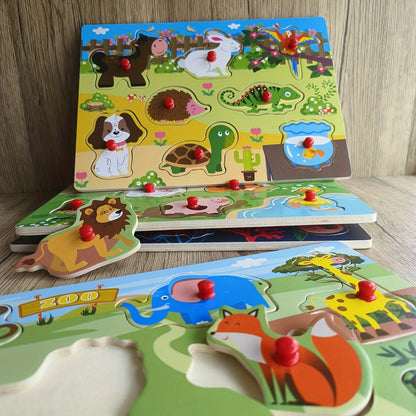Wooden Peg Puzzle Set of 4 for Toddlers 32 Pieces Knob Puzzles Farm and Zoo Animal Themes Montessori Learning Toy for Ages 1 2 3 Birthday Christmas Easter Gift Boys Girls