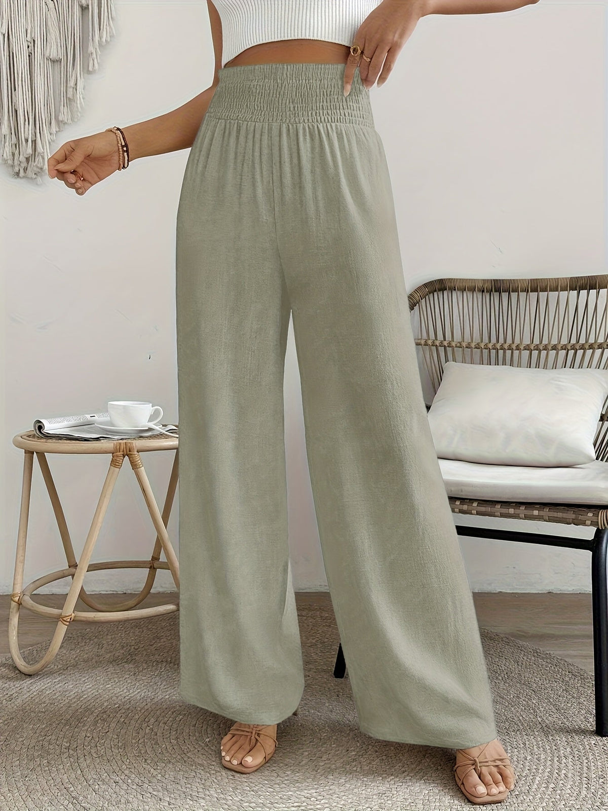 Women's High-Waist Elegant Solid Color Pants Smooth Micro Elasticity Trousers - Casual Chic Machine Washable Bottoms for Spring Summer Fall Office Daily Wear