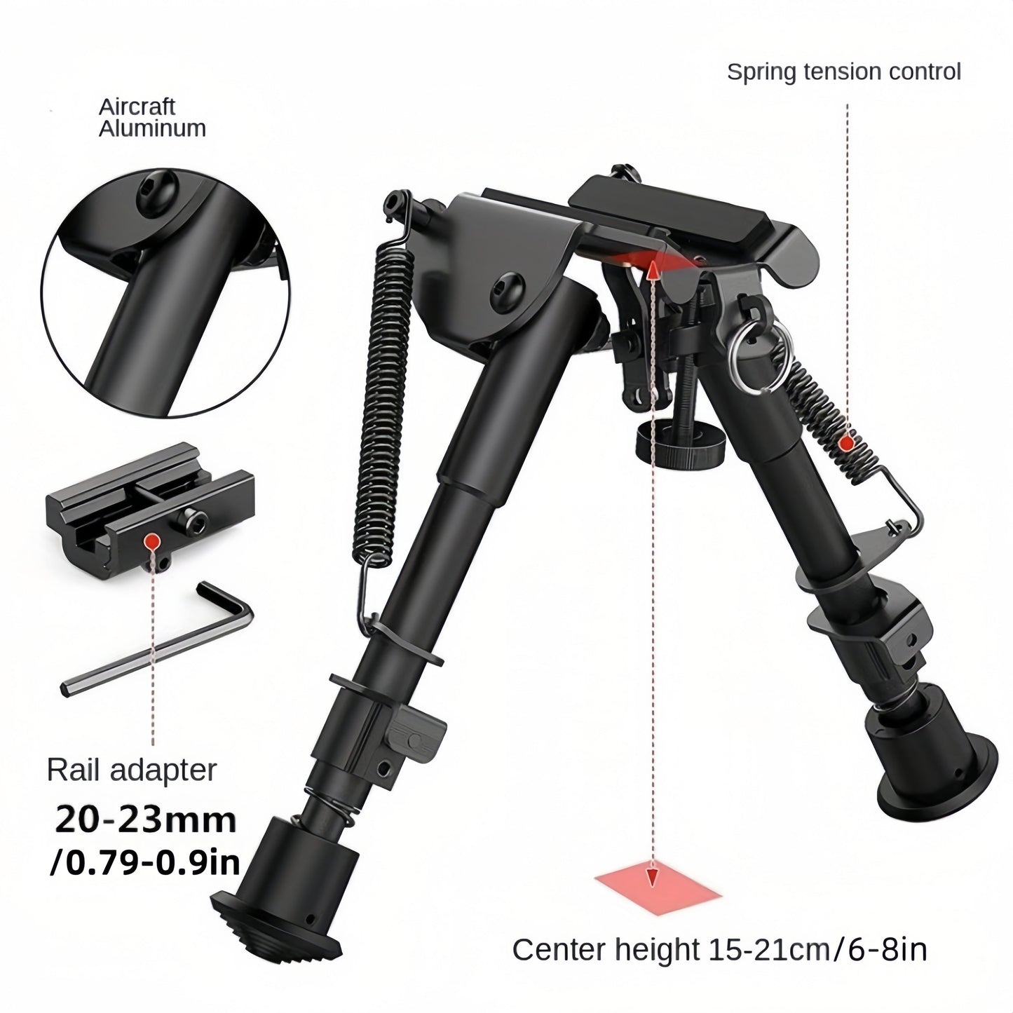 Adjustable Rifle Bipod 6-9 Inch 5 Height Settings Quick Release Adapter Foldable Retractable Lightweight Aluminum Alloy M-LOK Mount Rubber Feet for Hunting Shooting Outdoor Sports