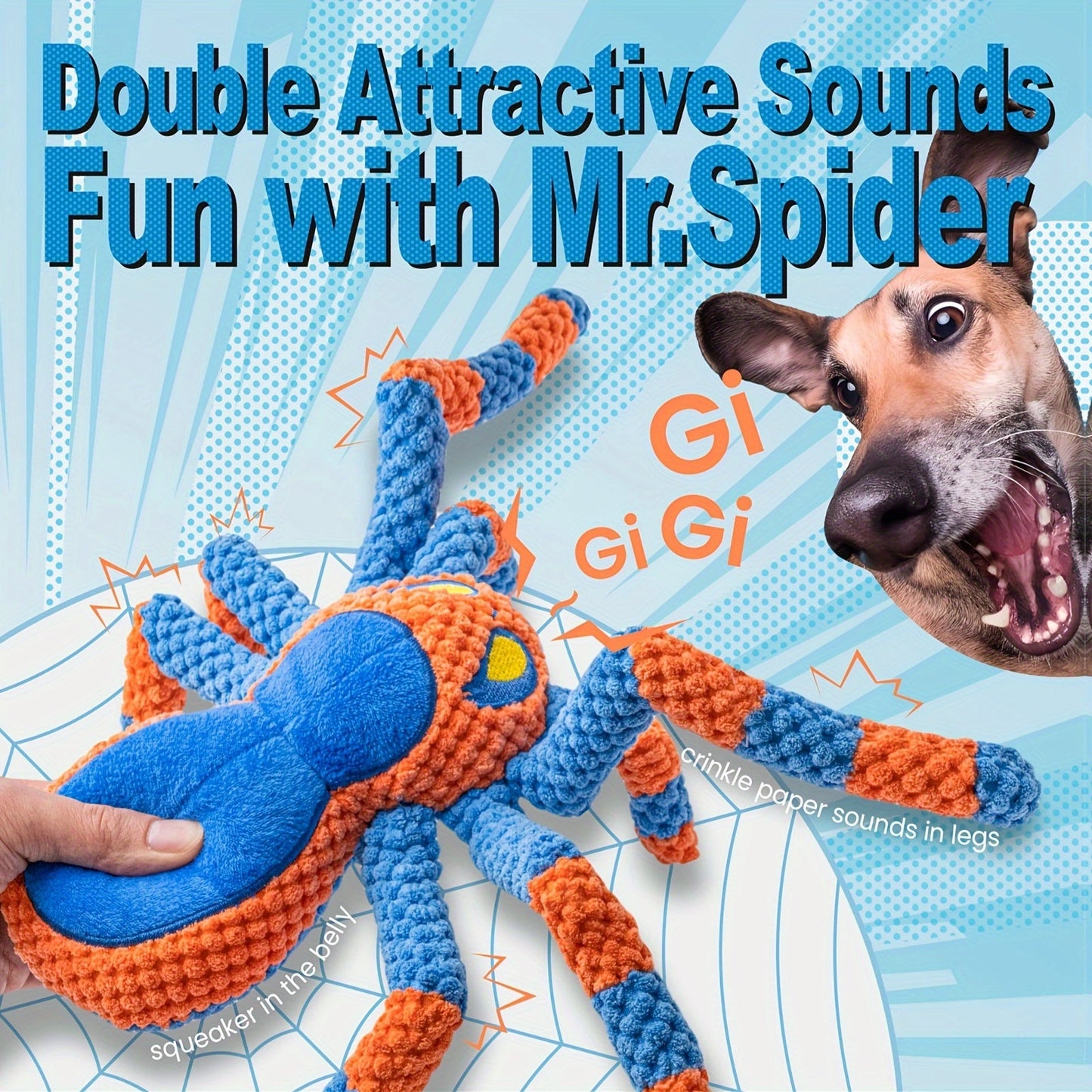 Squeaky Spider Dog Toy for Large Dogs – Interactive Crinkle Tug of War Plush Puppy Toy with Squeaker Head & Crinkle Legs, Keeps Dogs Busy for Hours, No Battery Needed, Blue & Red Spider