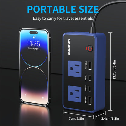 200W Car Power Inverter 12V to 110V AC – USB-C PD 24W Fast Charging, QC3.0 Dual USB Ports, Multi-Protection Car Charger Adapter for Laptop Phone Travel Road Trip