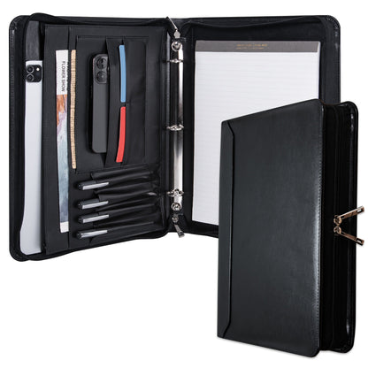 Vegan Leather Portfolio Binder 3-Ring Zipper A4 Legal Laptop Pocket Work Organizer for Women Men