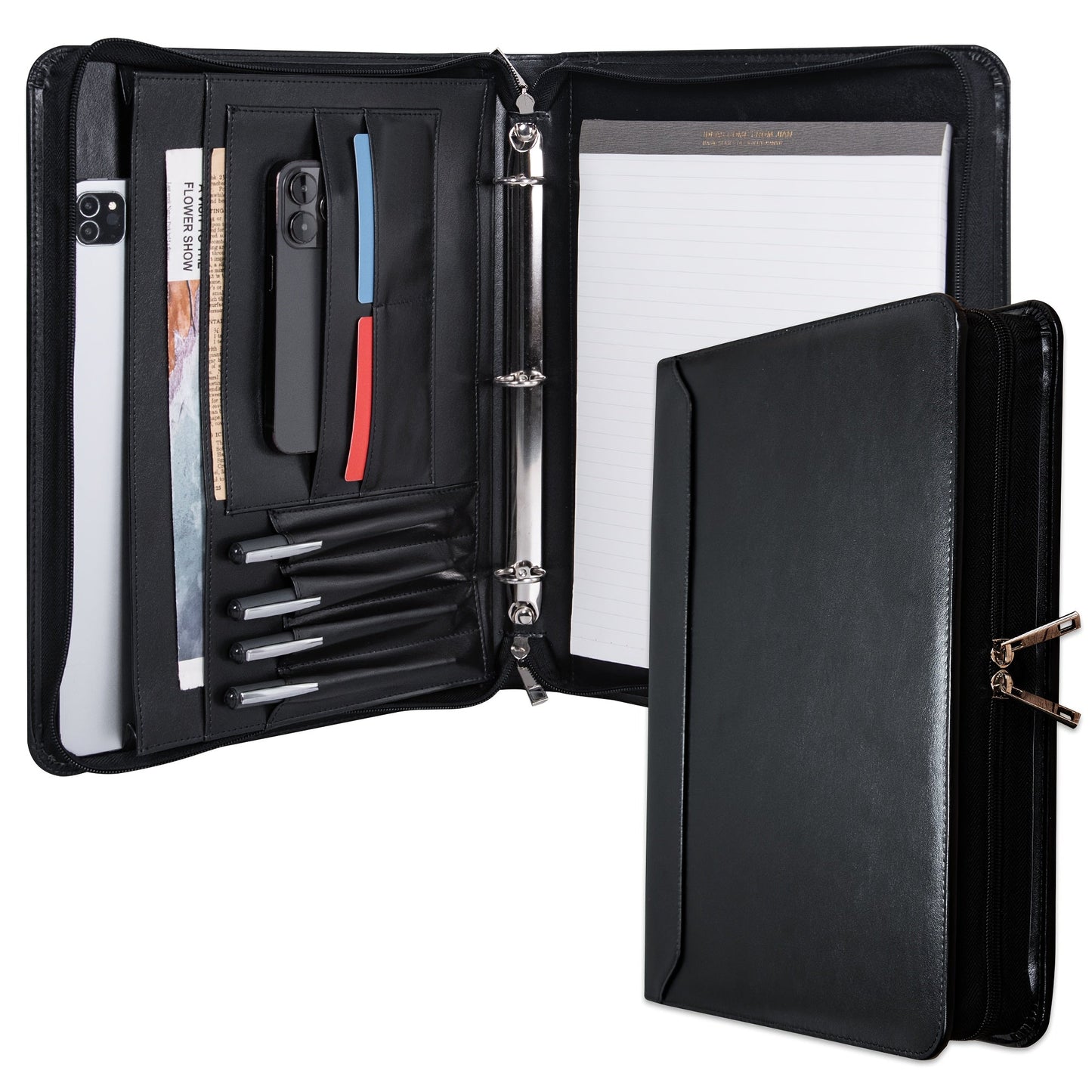 Vegan Leather Portfolio Binder 3-Ring Zipper A4 Legal Laptop Pocket Work Organizer for Women Men