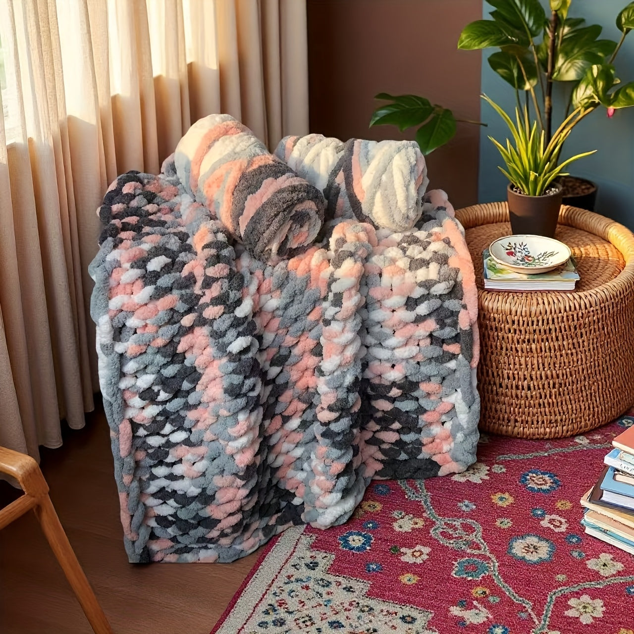 Chunky Chenille Yarn 2 Skeins 500g Hand Knitting Blanket Crochet Multicolor Striped Soft Polyester Extra Thick Plush DIY Gift for Women Men