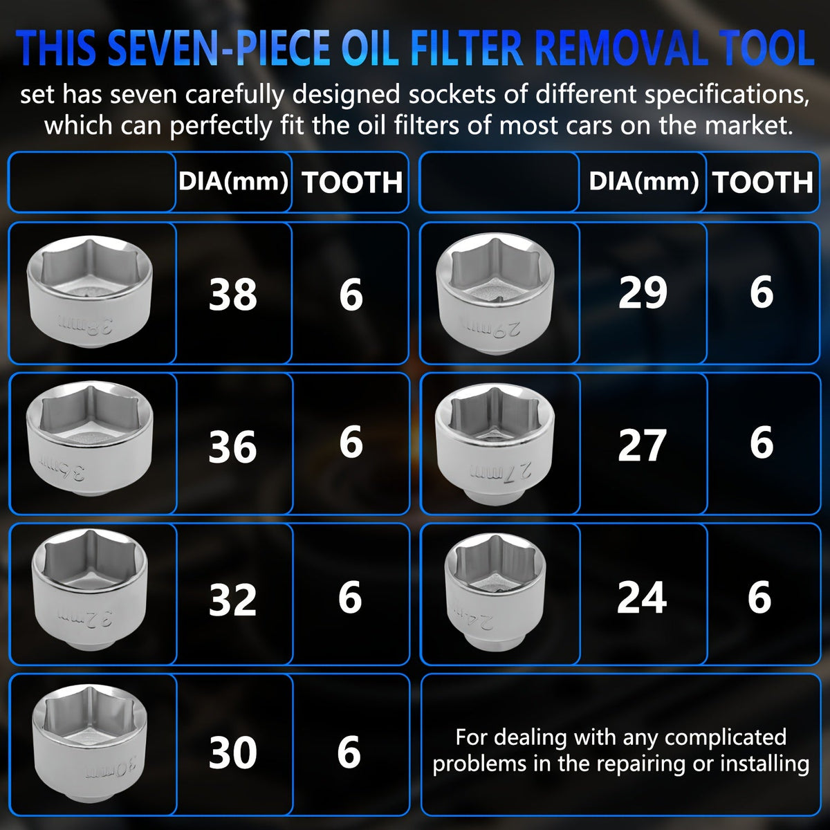 7-Piece Oil Filter Socket Wrench Set 3/8" Drive CR-V Steel 24mm 27mm 29mm 30mm 32mm 36mm 38mm - Universal Oil Filter Removal Tool Kit for Car Oil Changes