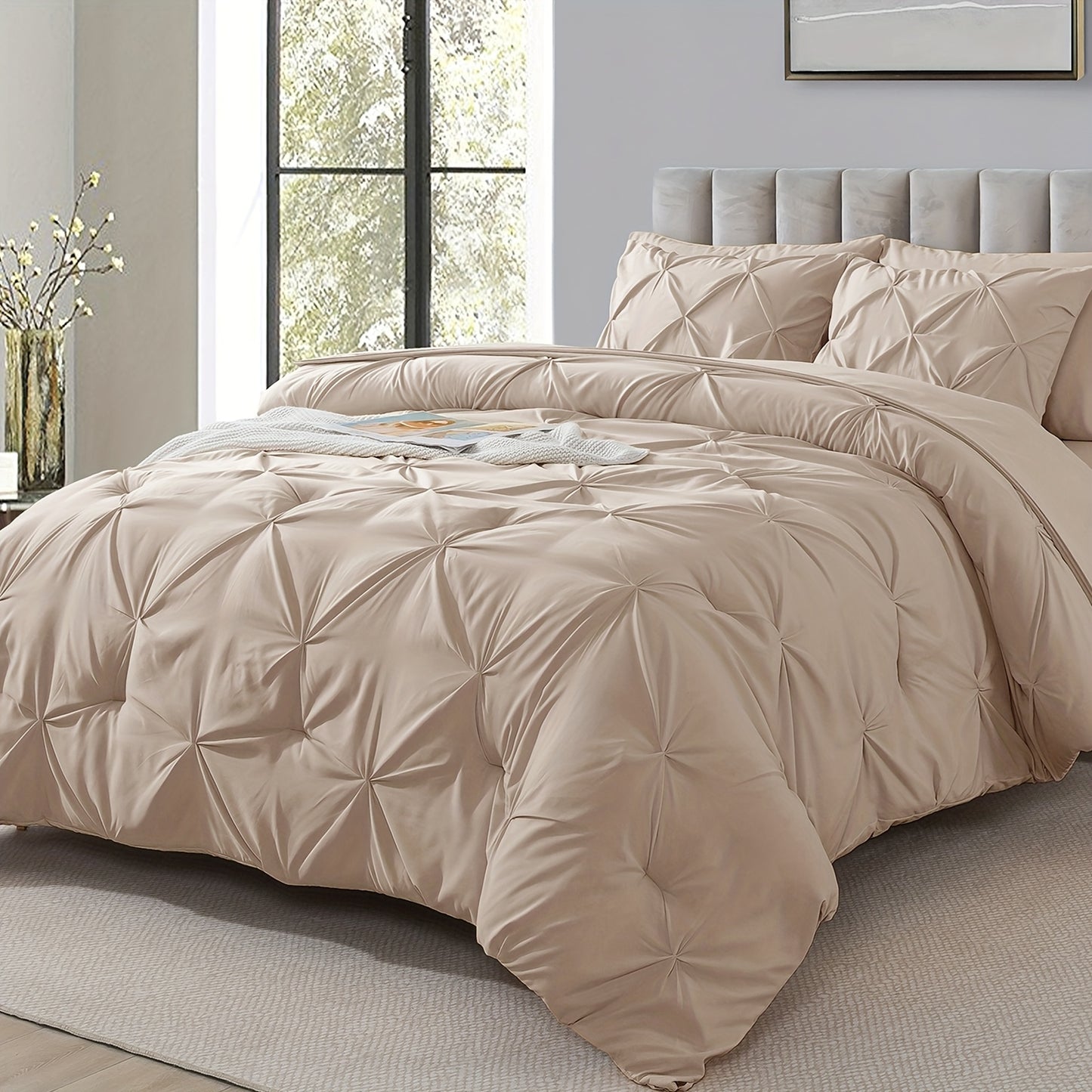 Comforter Set 7 Piece Queen King Full - Soft Microfiber Pintuck Pleated Bed in a Bag Complete Bedding Set with Comforter, Fitted Sheet, Flat Sheet & Pillowcases, All Season Home & Dorm Bedding