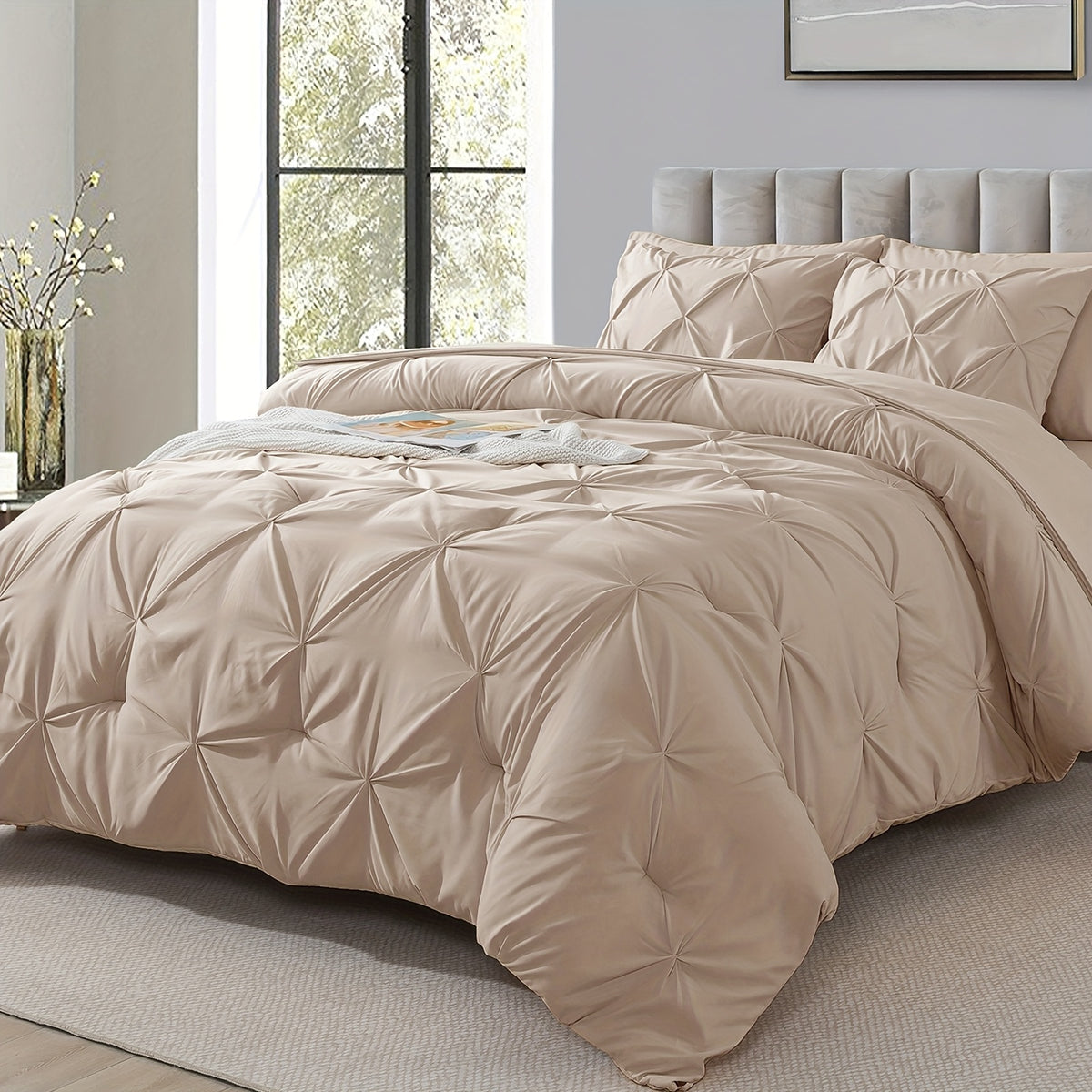Comforter Set 7 Piece Queen King Full - Soft Microfiber Pintuck Pleated Bed in a Bag Complete Bedding Set with Comforter, Fitted Sheet, Flat Sheet & Pillowcases, All Season Home & Dorm Bedding
