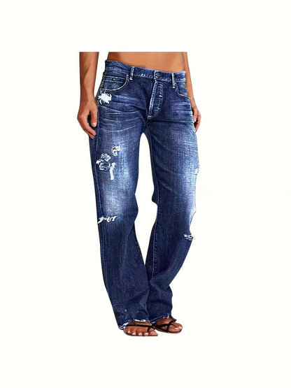 Women's Ripped Flare Wide Leg Jeans – Distressed Stretch Denim, Fashion Streetwear Casual Pants, Light Blue & Dark Blue, Sizes XS-XXL