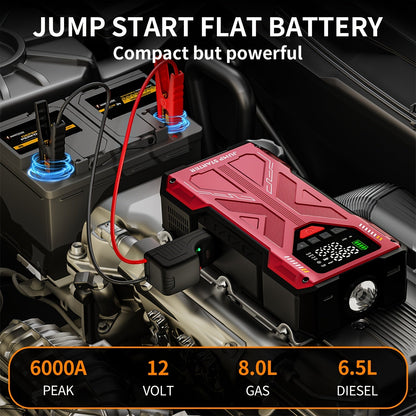 7000A Portable Jump Starter with Air Compressor – 5000A/7000A Peak Battery Pack with 150PSI Digital Tire Inflator, Fits 10L Gas & 2.38gal Diesel, Fast USB Charging & LED Emergency Light