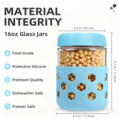 6-Pack 16oz Glass Airtight Jars with Silicone Sleeves – Moisture-Proof Food Storage Containers for Tea, Grains, Nuts, Snacks, Spices & Yogurt | BPA-Free