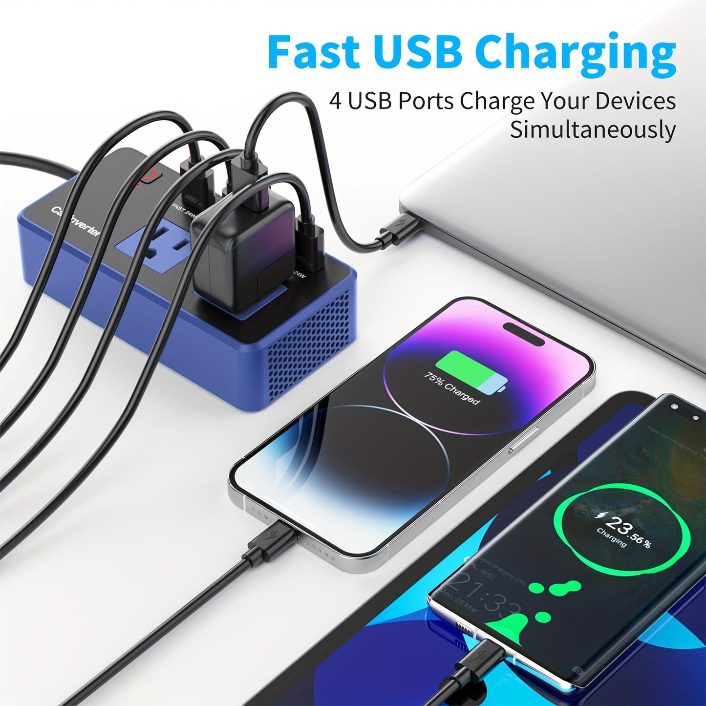 200W Car Power Inverter 12V to 110V AC – USB-C PD 24W Fast Charging, QC3.0 Dual USB Ports, Multi-Protection Car Charger Adapter for Laptop Phone Travel Road Trip