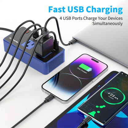 200W Car Power Inverter 12V to 110V AC – USB-C PD 24W Fast Charging, QC3.0 Dual USB Ports, Multi-Protection Car Charger Adapter for Laptop Phone Travel Road Trip