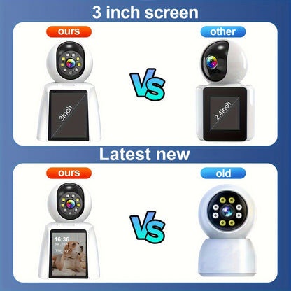 WiFi PTZ Indoor Camera with 3 Inch Built-In Screen 3MP HD Video Calling Two-Way Audio Color Night Vision AI Detection Pet Baby Elderly Monitor Home Security Camera App Control