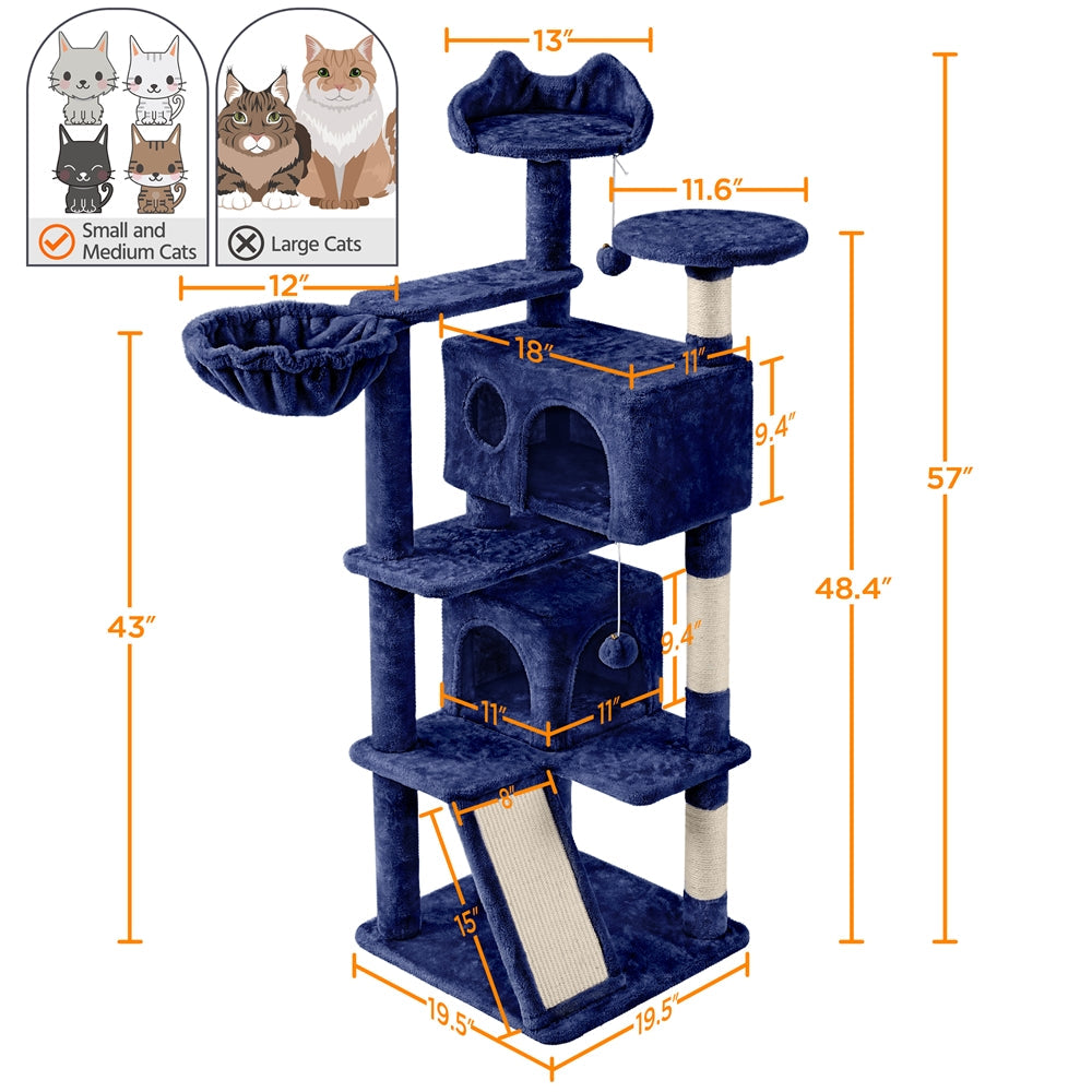 57-Inch Multilevel Cat Tree Tower with 2 Condos – Sisal Scratching Posts, Dangling Ball, Round Platform & Ladder for Indoor Kittens & Small Cats, 6 Colors, Christmas Gift for Cat Lovers