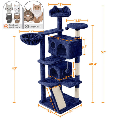 57-Inch Multilevel Cat Tree Tower with 2 Condos – Sisal Scratching Posts, Dangling Ball, Round Platform & Ladder for Indoor Kittens & Small Cats, 6 Colors, Christmas Gift for Cat Lovers