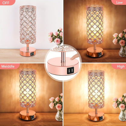 Crystal Touch Table Lamp 3-Way Dimmable with 2 USB Charging Ports LED Bulb Included Decorative Bedside Nightstand Light for Bedroom Living Room Office – Antique Bronze Rose Gold Silver